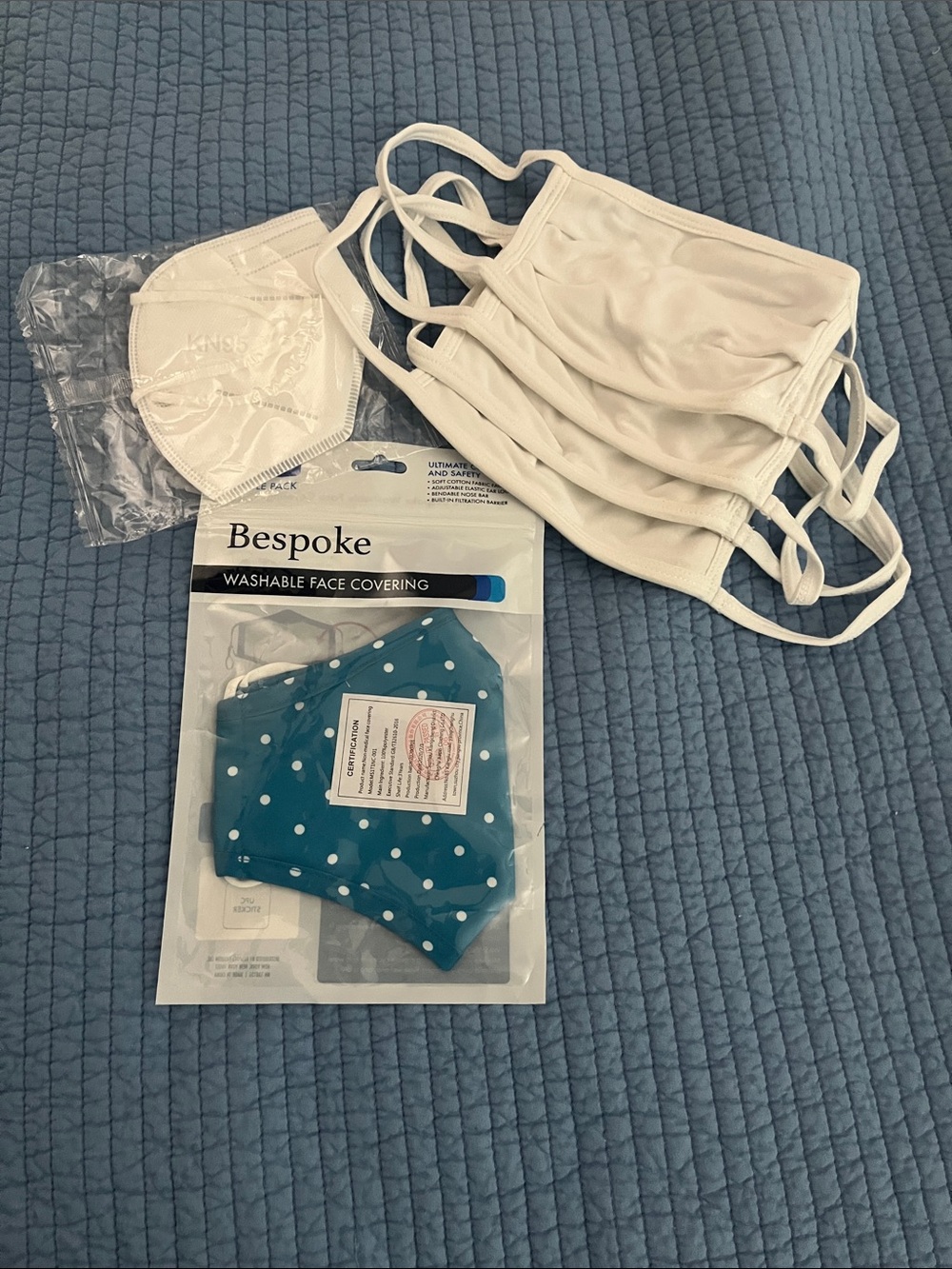 Bespoke White & Teal Polka Dot Face Mask. four white Port Authority and one KN95